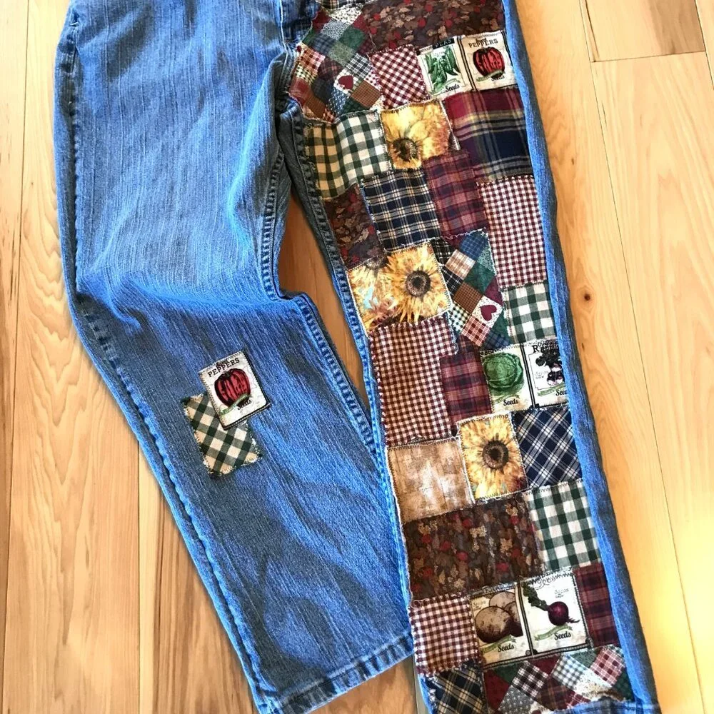 Upcycled Patchwork Jeans, Spring Garden Sunflower Plaid Patches Reworked Sz 16P